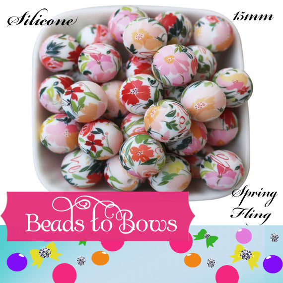 15mm  Printed Silicone Beads | Spring Fling Floral design I Food Grade Silicone Beads for Keychains, Jewelry Making