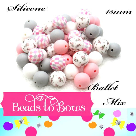 Silicone bead mix in shades of Pink and grey and 2 focal beads