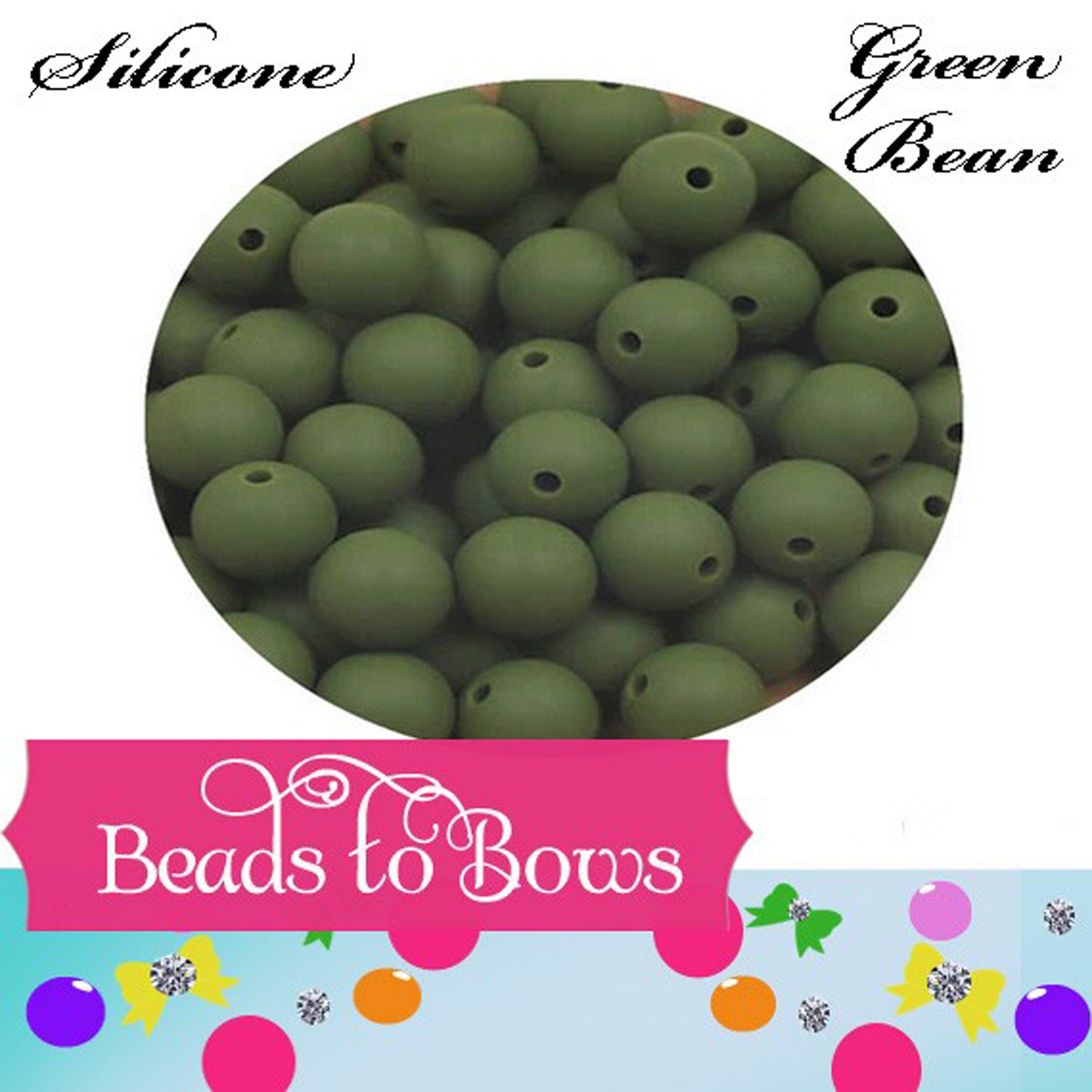 15mm Green Bean Silicone Beads - Food Grade Round Beads for Keychains & Jewelry