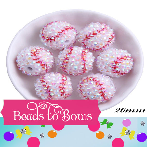 20mm AB Rhinetone Baseball Beads, Red and White Baseball Beads, Bubblegum Beads
