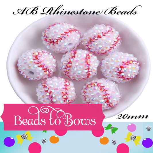 20mm AB Rhinetone Baseball Beads, Red and White Baseball Beads, Bubblegum Beads