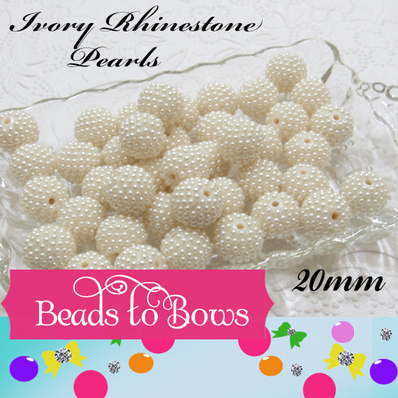 20mm Ivory Rhinestone Pearl Beads - Elegant Bubblegum Pearls, Chunky Bead Supply