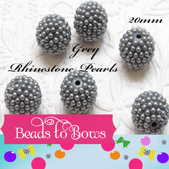 20mm Grey Rhinestone Pearl Beads - Elegant Bubblegum Pearls, Neutral Jewelry Supply