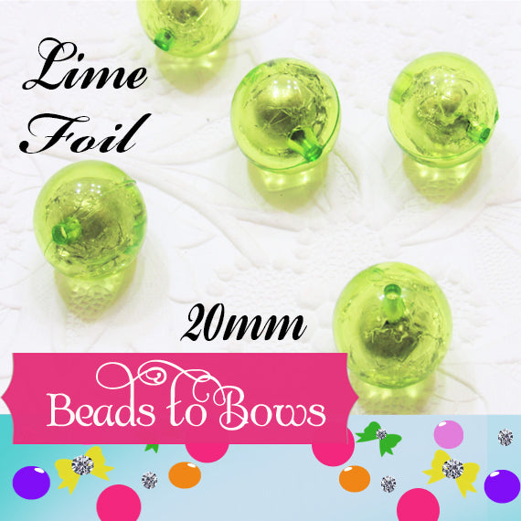 20mm Lime Foil Bead in a Bead - Chunky Bubblegum Beads, Sparkly Jewelry Supply