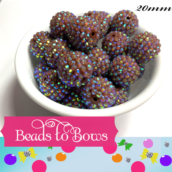 20mm Brown AB Rhinestone Beads - Chunky Bubblegum Beads, Earth Tone Rainbow Sparkle Jewelry Supply