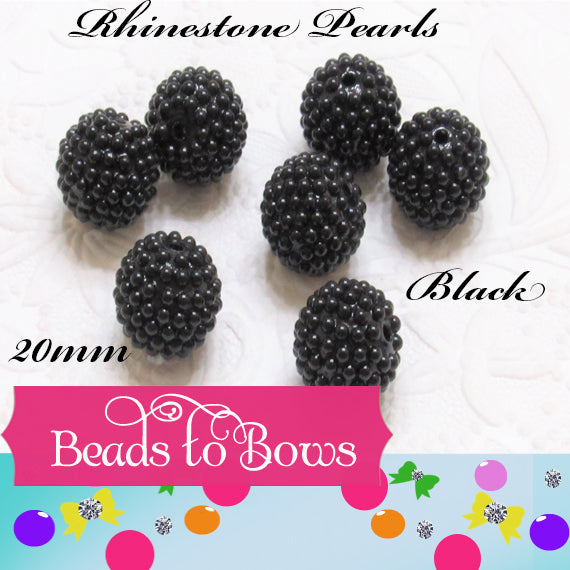 20mm Black Rhinestone Pearl Beads - Elegant Bubblegum Pearls, Classic Black Jewelry Supply