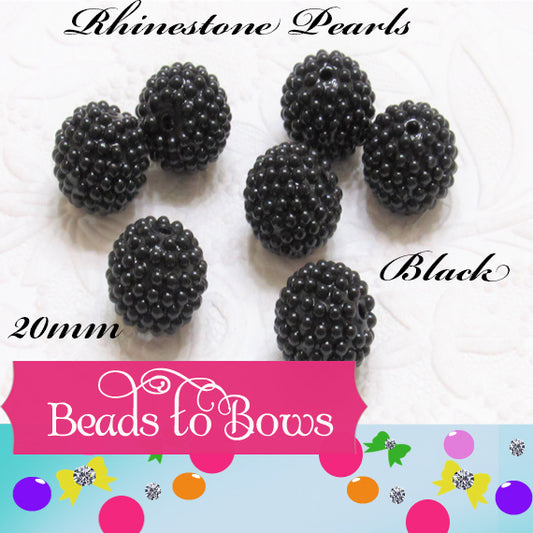 20mm Black Rhinestone Pearl Beads - Elegant Bubblegum Pearls, Classic Black Jewelry Supply
