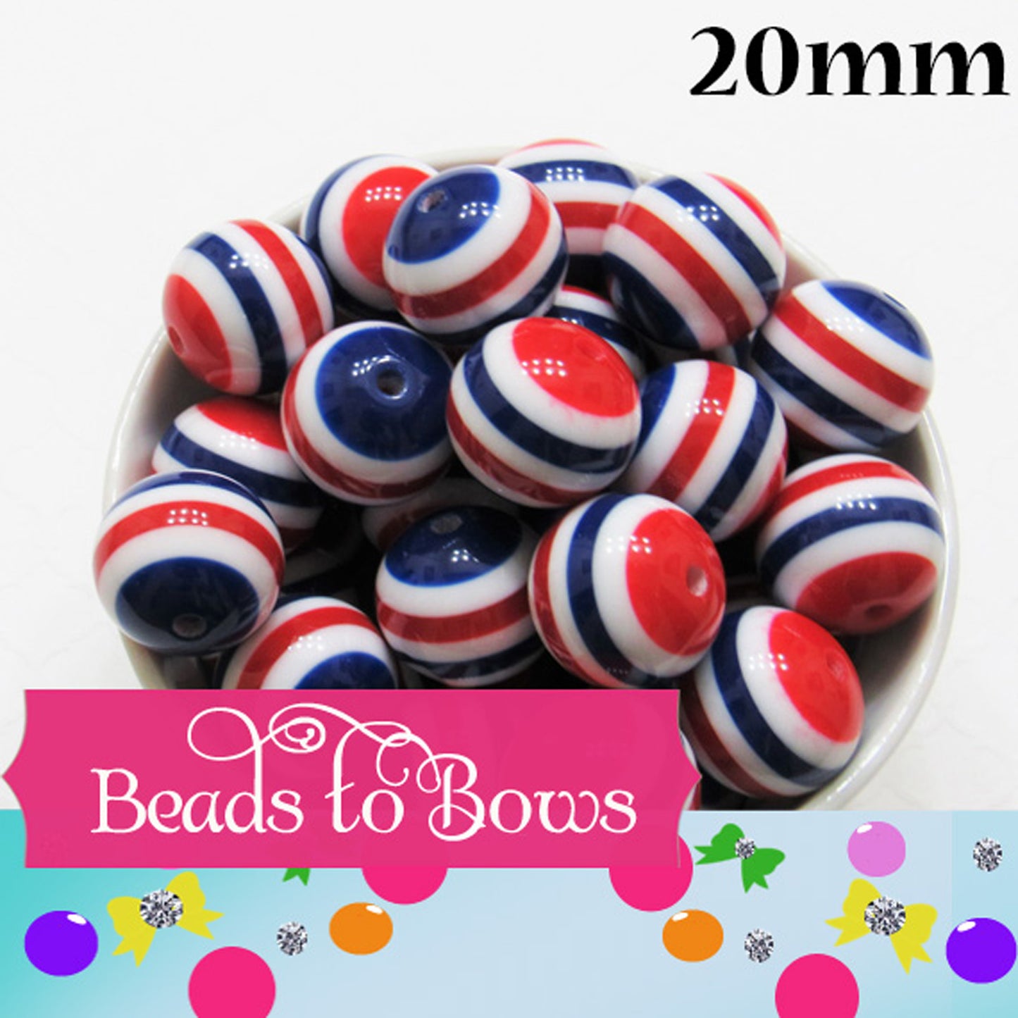 20mm Red White Blue Striped Beads - Chunky Bubblegum Beads, Patriotic 4th of July Jewelry Supply