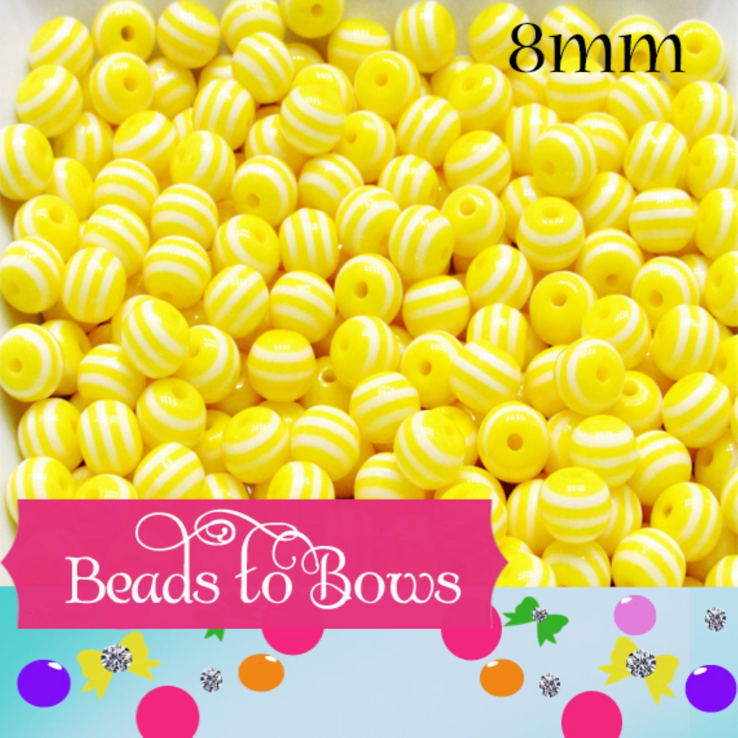 8mm Yellow Striped Bubble Gum Bead,  Jewelry Beads