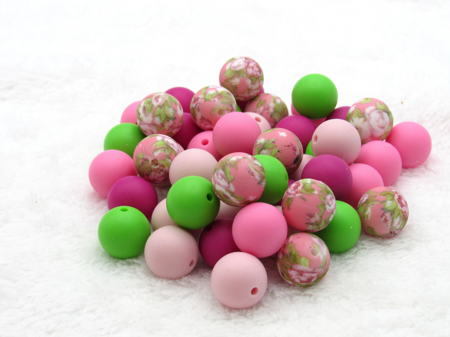 15mm Pink Cabbage Rose Flowers Printed On 15mm Silicone Beads Key Chain Silicone Beads