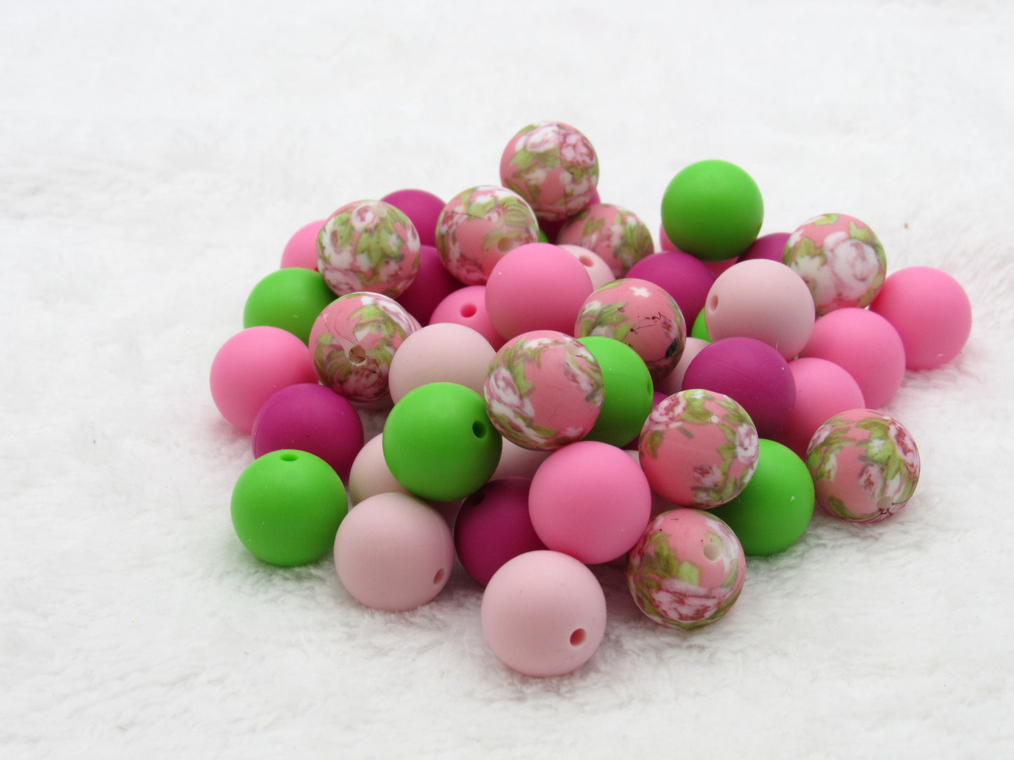 15mm Pink Cabbage Rose Flowers Printed On 15mm Silicone Beads Key Chain Silicone Beads