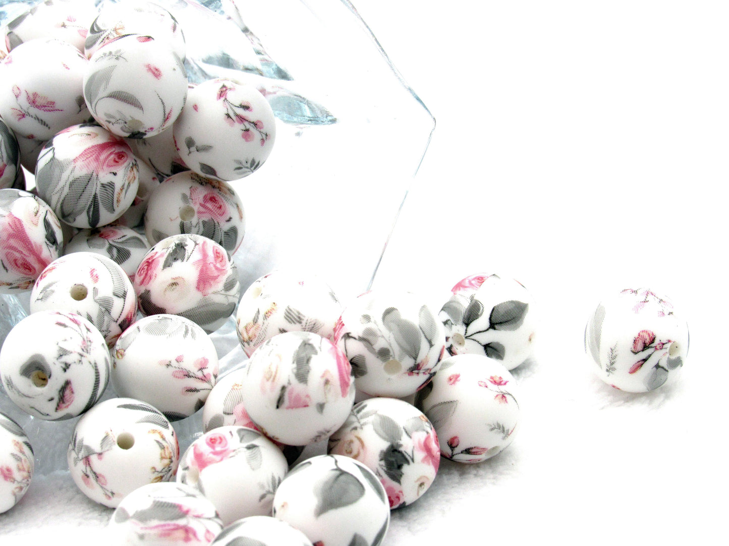 15mm Pink and Grey Rose Blossoms Printed on Silicone Beads - Food Grade Printed Beads for Keychain s & Jewelry