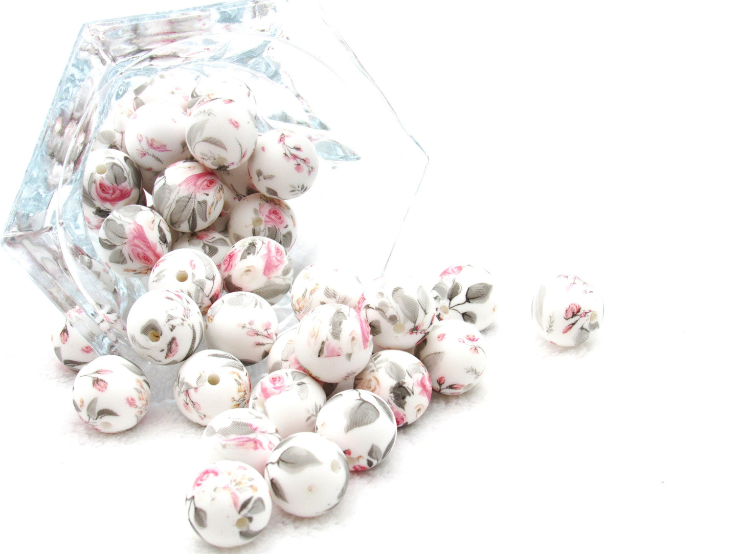 15mm Pink and Grey Rose Blossoms Print Silicone Beads - Food Grade Printed Beads for Keychain s & Jewelry