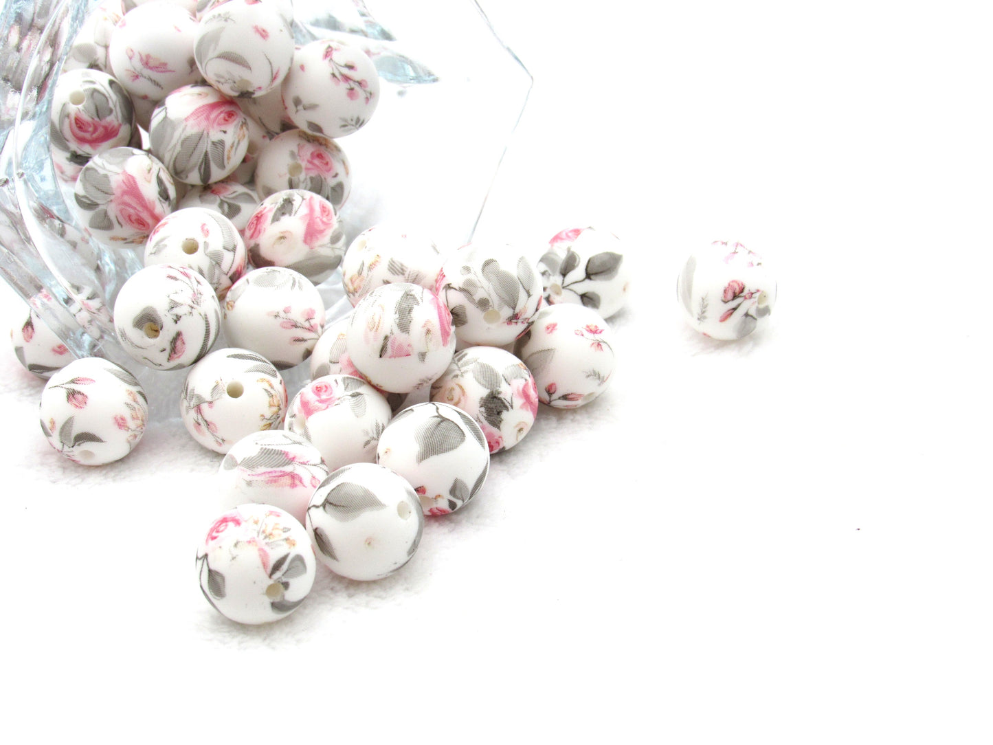 15mm Pink and Grey Rose Blossoms Print Silicone Beads - Food Grade Printed Beads for Keychain s & Jewelry
