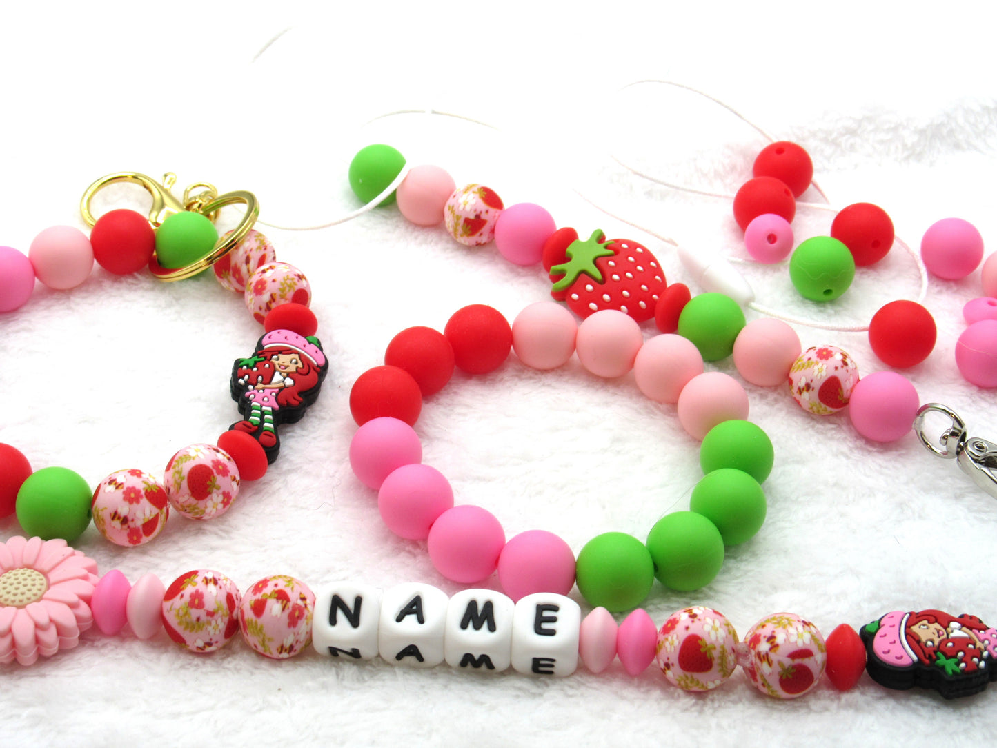 Strawberry Print Silicone Bead Mix, 26 or 52 Strawberry printed beads with coordinating 15mm BeadsGirl Bead Mix