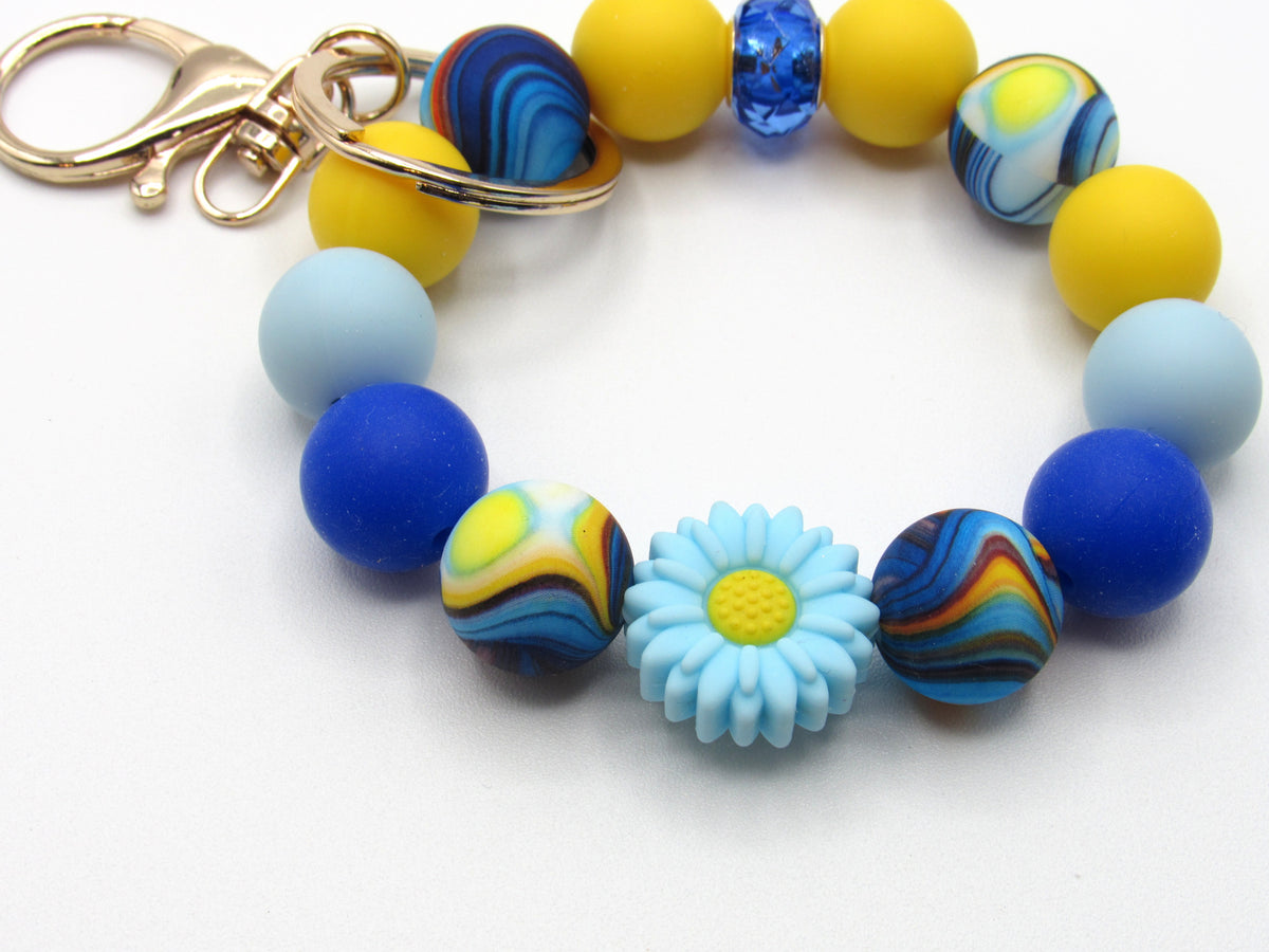 15mm Blue & Yellow Swirl Silicone Beads | Printed Food Grade Beads for Wristlets, Pens & Keychains