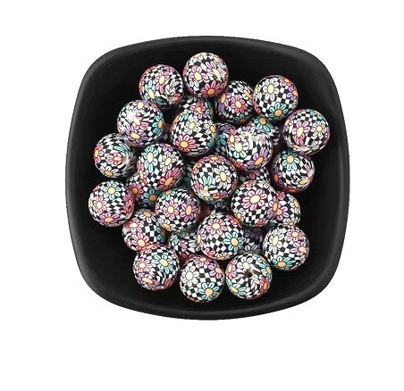 Silicone 15mm Floral Printed Beads, Round Silicone Beads, Keychains, and beaded pen beads