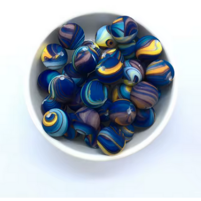 15mm Blue and Yellow Swirls of Colors Printed Silicone Beads - Food Grade Printed Beads for Keychains & Jewelry