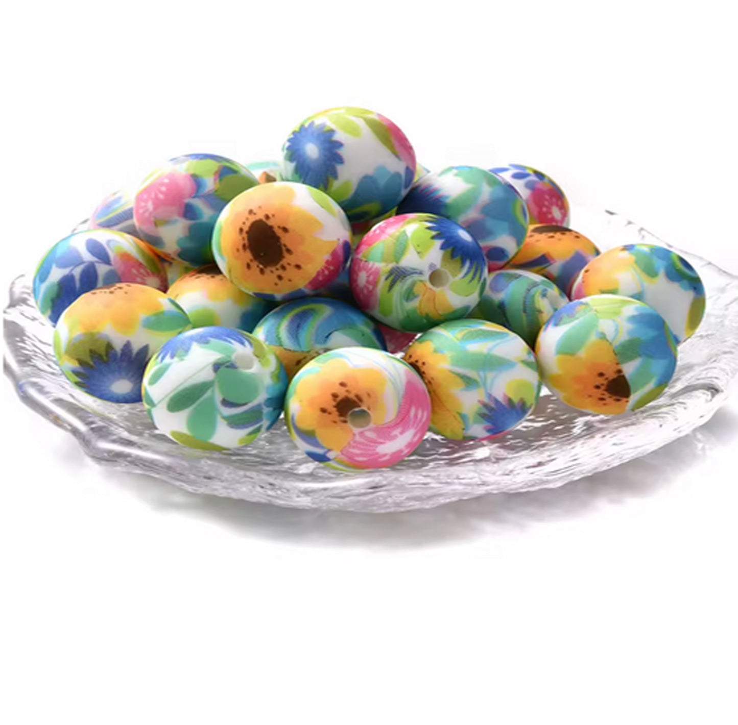 15mm Floral Print Silicone Beads - Food Grade Printed Beads for Keychain