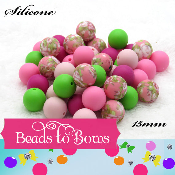 15mm Pink Cabbage Rose Flowers Printed On 15mm Silicone Beads Key Chain Silicone Beads