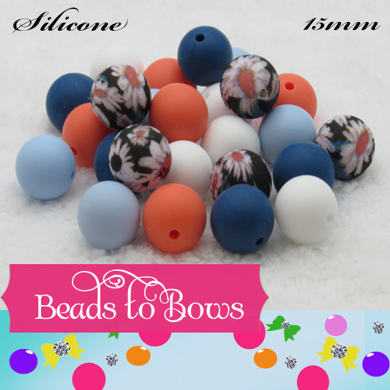 Silicone bead mix 15mm printed Daisys and coordinating colored Beads