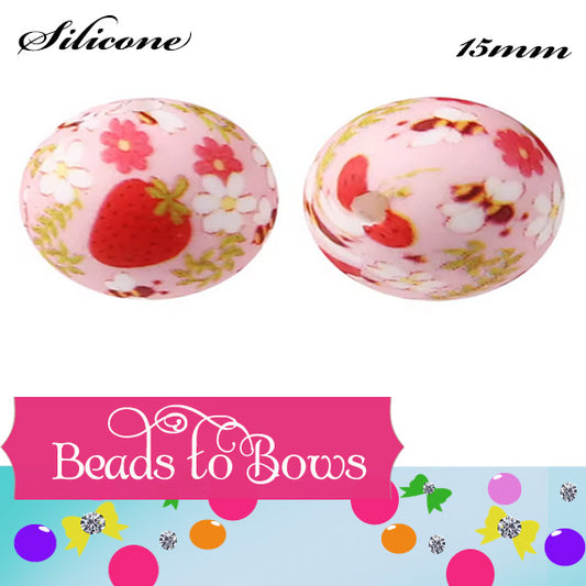 15mm Red on Pink Strawberry Printed Silicone Beads - Food Grade Printed & Jewelry Beads for Keychains
