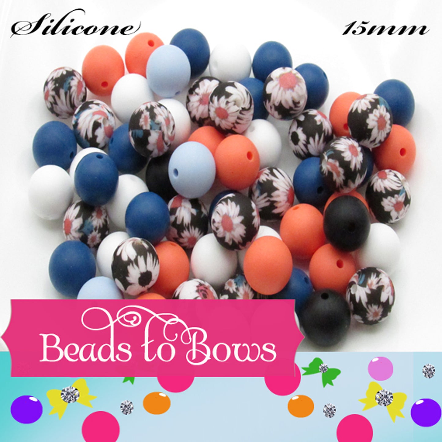 Silicone bead mix 15mm printed Daisys and coordinating colored Beads