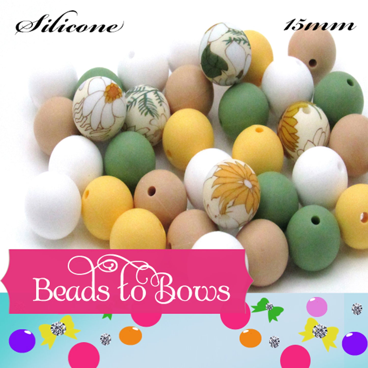 Silicone bead mix, 15mm White and Gold Daisy Print,  Silicone Bead Mix, Printed Silicone Bead Teething Beads