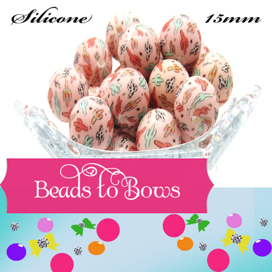 15mm Cactus Print Silicone Beads - Food Grade Printed Beads for Keychains & Jewelry