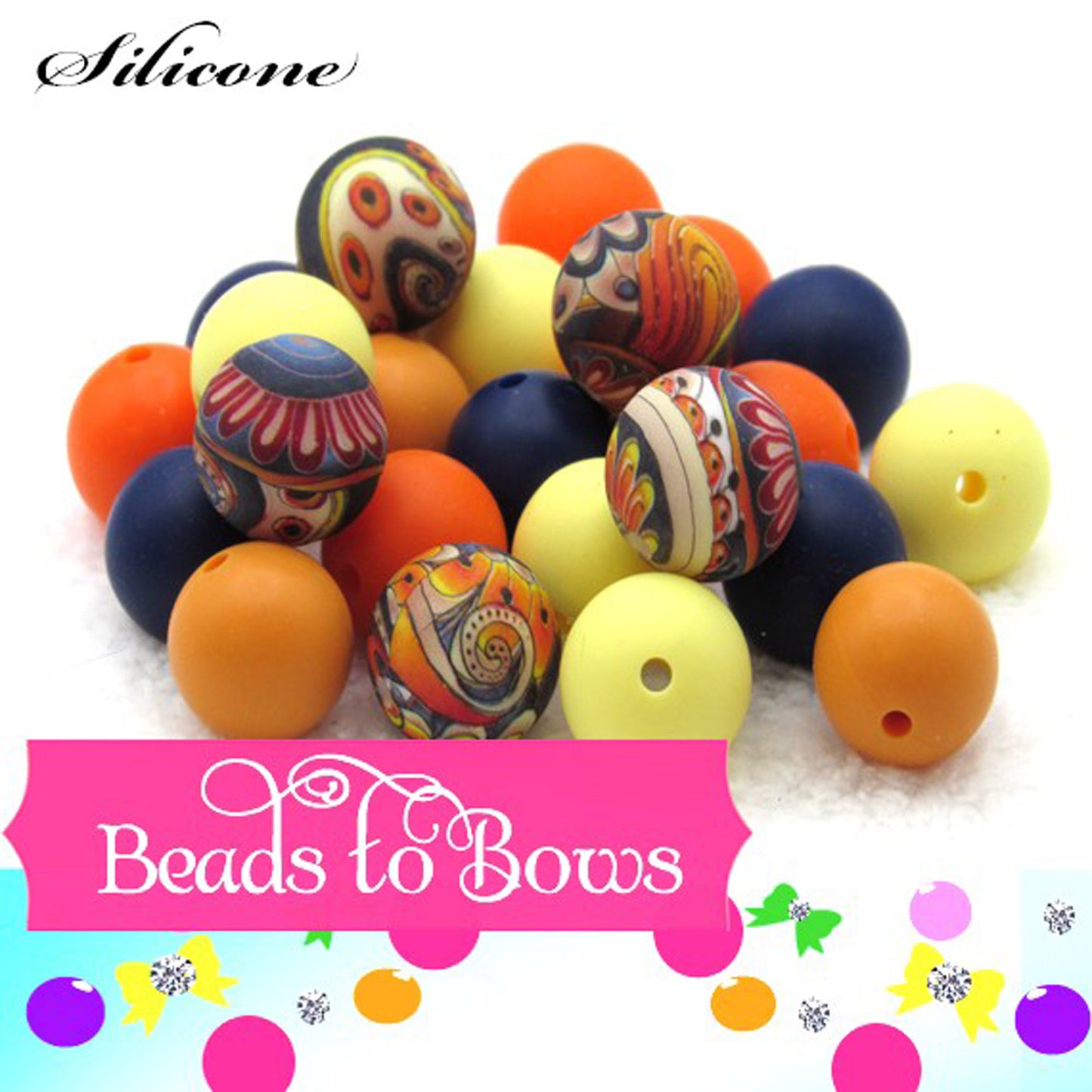15mm Abstract Yellow, navy, and orange designs Printed On 15mm Silicone Beads