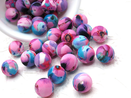 15mm Abstract Pink Blue and  Purplei Silicone Beads - Food Grade Printed Beads for Key chain