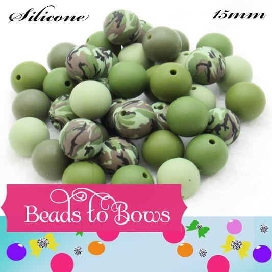 Silicone 15mm Camouflage bead mix, a Mix of Camo and color coordinating silicone beads and a jeep