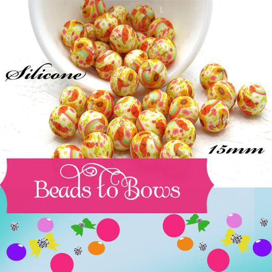 15mm Crazy Daisy Print Silicone Beads - Food Grade Printed Beads for Keychains & Jewelry