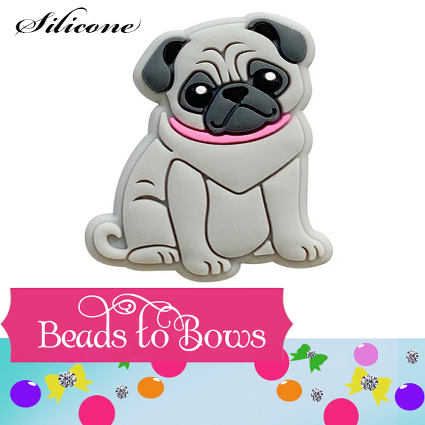 Silicone focal bead Grey Pug Dog Focal Bead, Pacifier bead, Teething beads