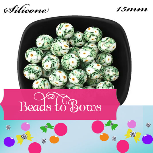 15mm Printed Silicone Beads | Floral Print in Green and White Gardenia  Design I Food Grade Silicone Beads for Keychains, Jewelry Making