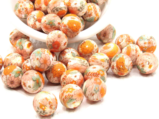 Silicone prints 15mm Golden Floral Printed Beads