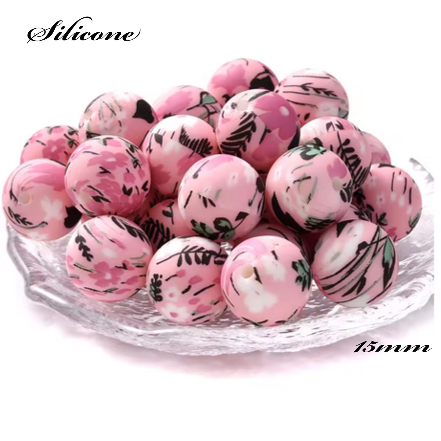 15mm Black and White Print on Pink Silicone Beads - Food Grade Printed Beads for Keychains  & Jewelry