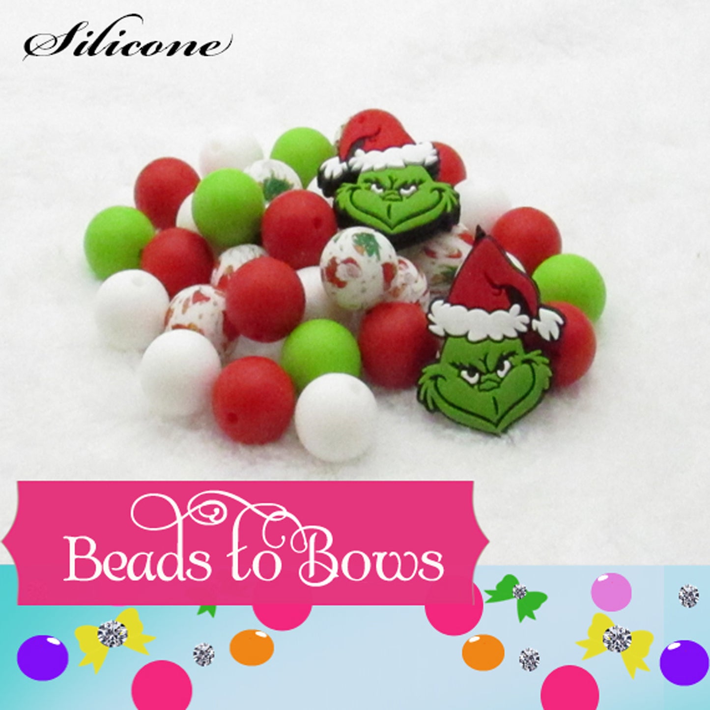 15mm Grinch Silicone Bead Mix, Silicone Teething Beads, Food s, Key Chain Silicone Beads