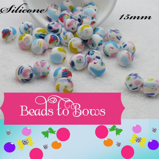 15mm Silicone Printed Beads in a Colorful Patchwork Design