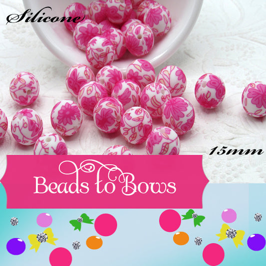 15mm Pink Butterflies and Flowers Print Silicone Beads - Food Grade Printed Beads for Keychain