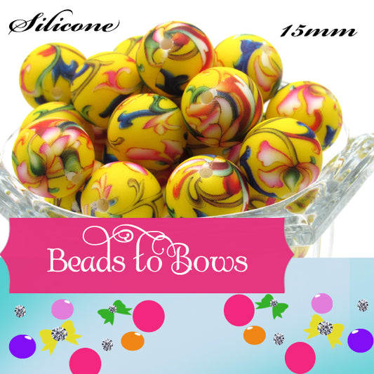 15mm Colorful Vine Print Silicone Beads - Food Grade Printed Beads for Keychains & Jewelry
