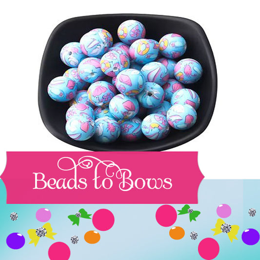 15mm Blue and Pink Seashore Print Silicone Beads - Food Grade Printed Beads for Keychains &  Jewelry