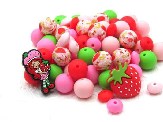 15mm Strawberry Print Silicone Bead Mix - 50 Piece Food Grade Bead Set for Keychains & Jewelry