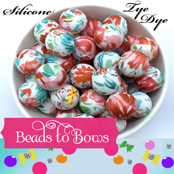 15mm Clay, Teal, Yellow Tye Dye Abstract Design Silicone Beads - Food Grade Printed Beads