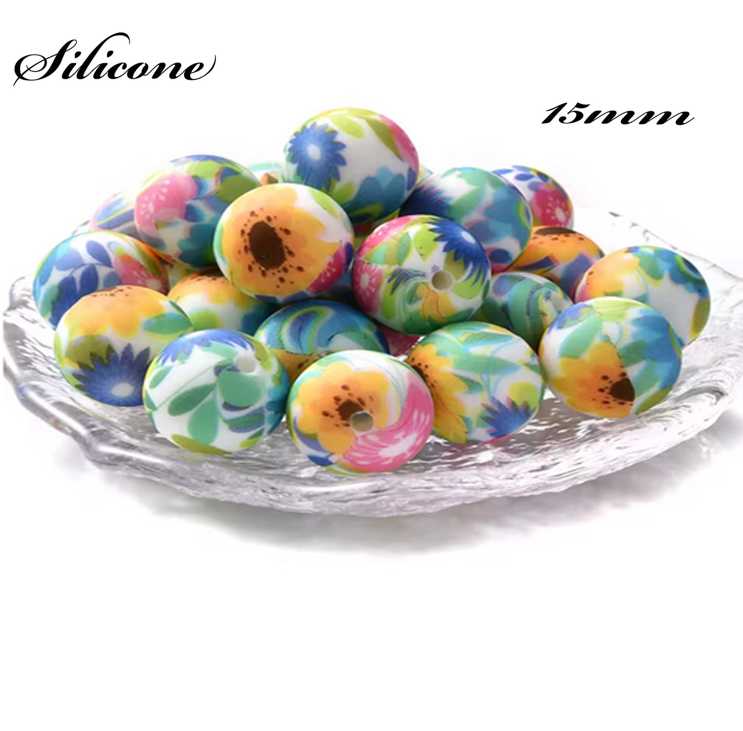 15mm Floral Print Silicone Beads - Food Grade Printed Beads for Keychain
