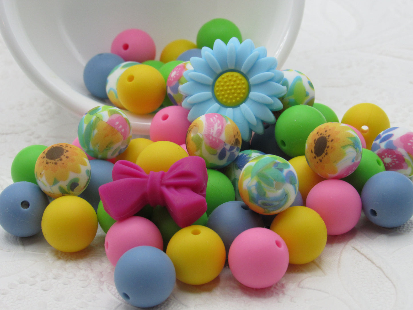 Silicone bead mix, 15mm beads floral print plus 4 coordinating colors