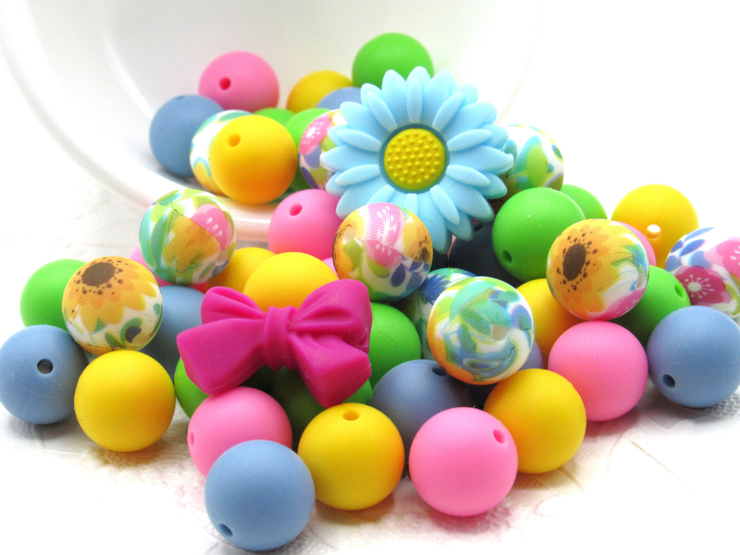 Silicone bead mix, 15mm beads floral print plus 4 coordinating colors
