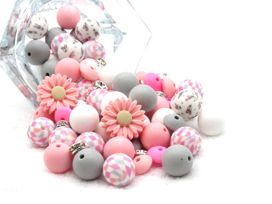 Silicone bead mix in shades of Pink and grey and 2 focal beads