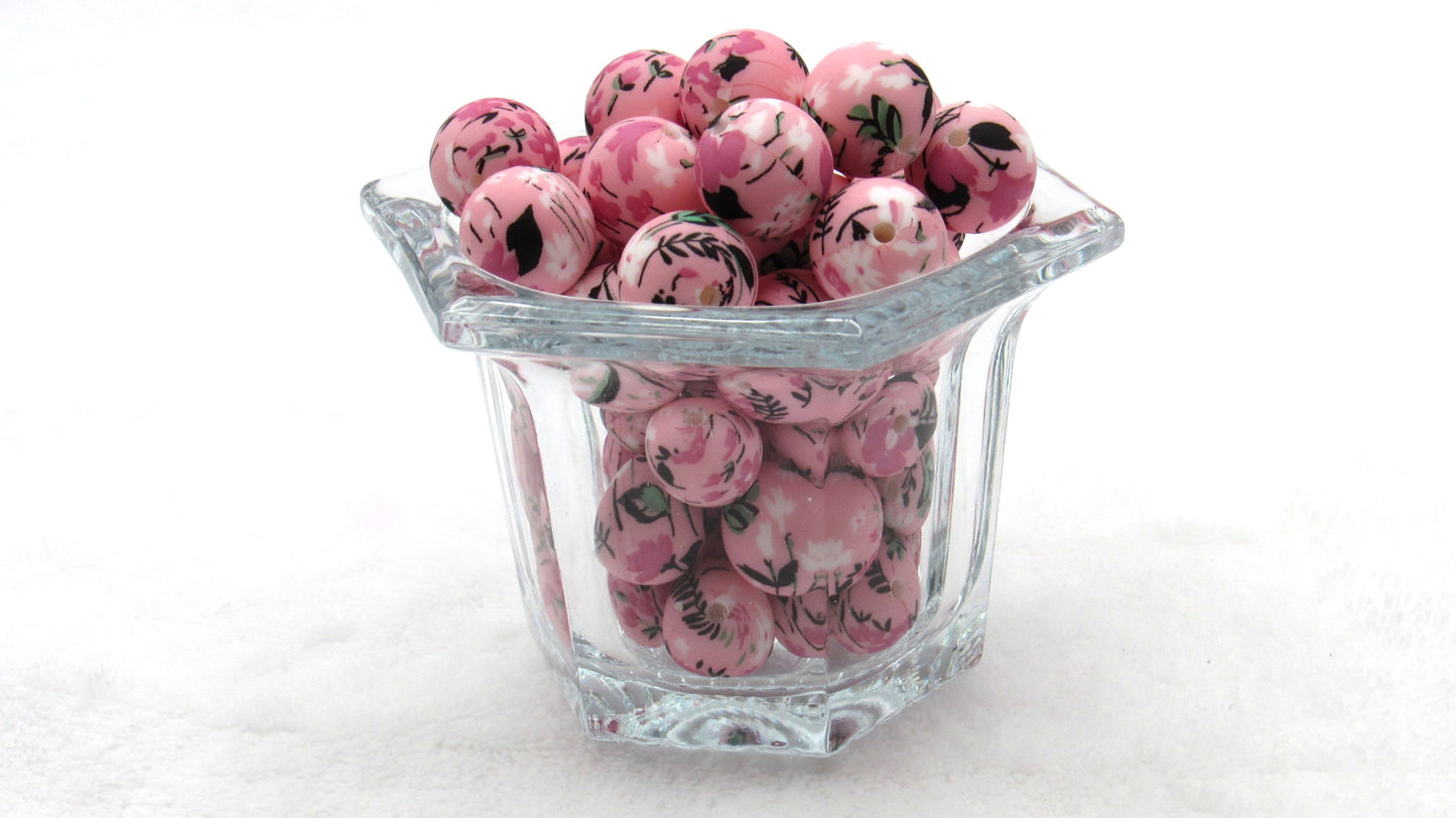 15mm Black and White Print on Pink Silicone Beads - Food Grade Printed Beads for Keychains  & Jewelry
