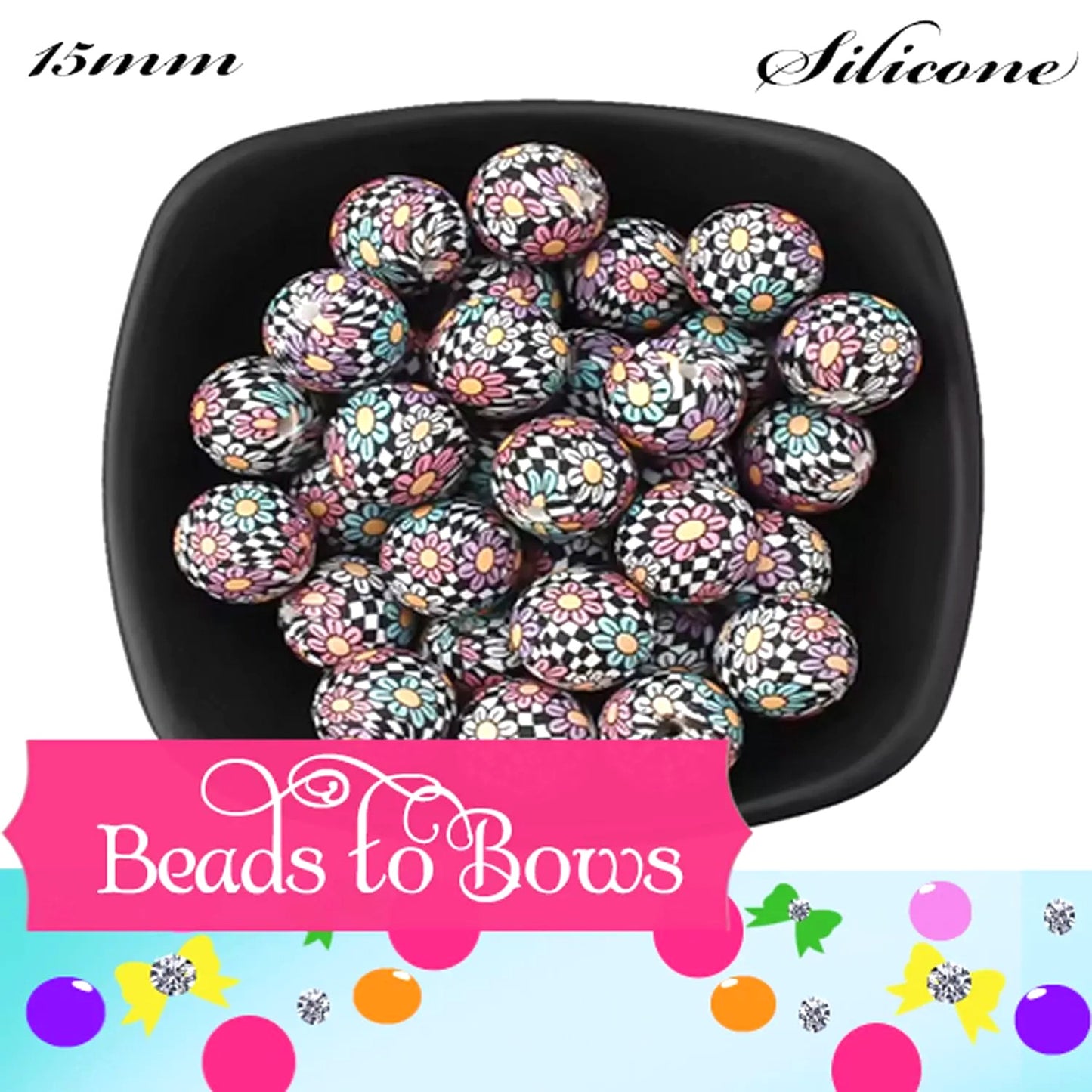 Silicone 15mm Floral Printed Beads, Round Silicone Beads, Keychains, and beaded pen beads
